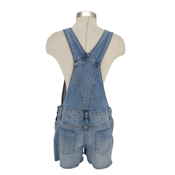 Mossimo Denim Shortalls Medium Wash Bib Overalls Coveralls Raw Hem Shorts Small - Picture 3 of 6